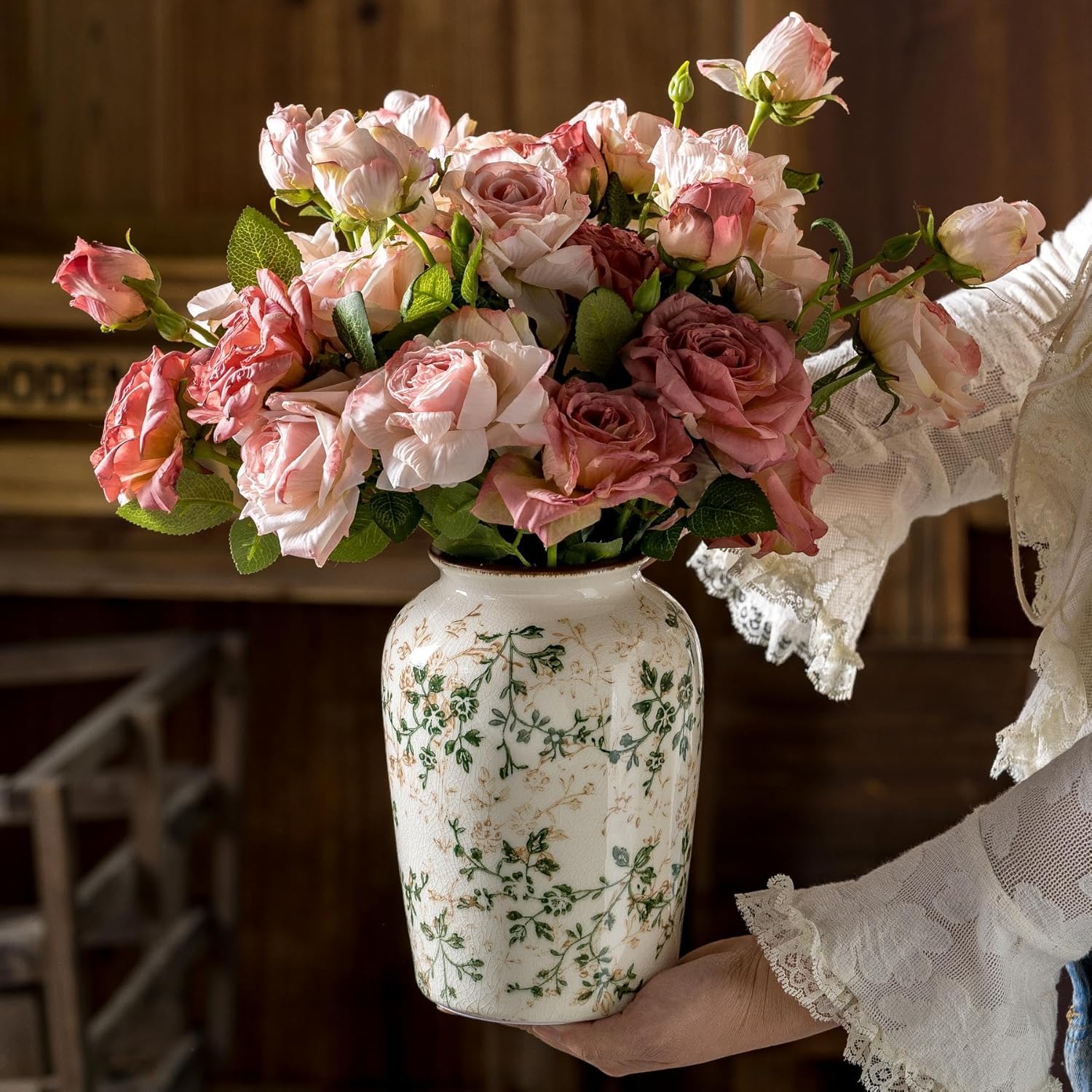 Vintage Pastoral Green and Beige Vase, Round Ceramic Floral Vases, Retro Ice Cracked Chinoiserie Vase for Home Decor, Living Room, Bookshelf, Office, Rustic Table Centerpiece 7.8 Inch-VerdiqueGarden