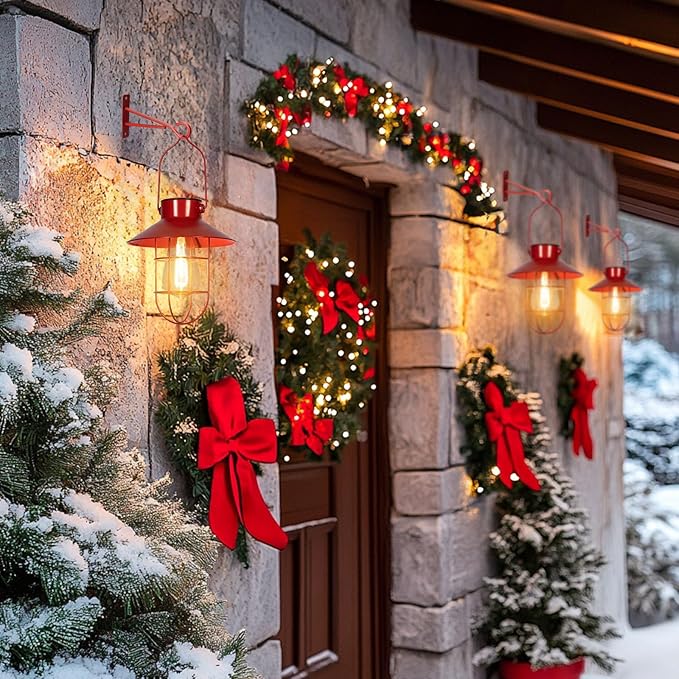 pearlstar Solar Lanterns Outdoor Christmas Metal Solar Powered Hanging Lights Waterproof for Wall Barn Yard Garden Patio Garage Balcony Porch Fence Decor, Warm White Edison Bulb (Red-2pack)-VerdiqueGarden