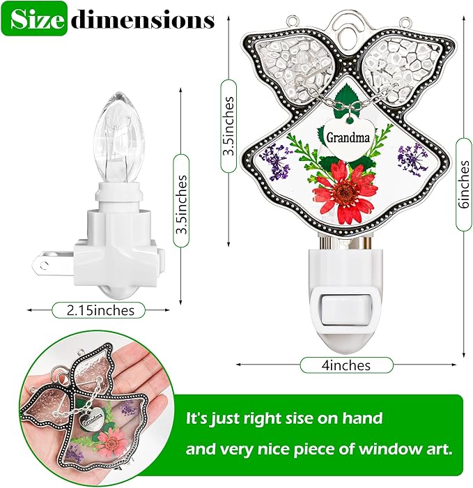 KY&BOSAM Night Light Grandma Stained Glass Angel Night Lights Plug Into Wall with Real Flower in Glass and Metal Charm Night Light for Nursery Bedroom Bathroom Accent Lite Elegant Home Decoration-VerdiqueGarden