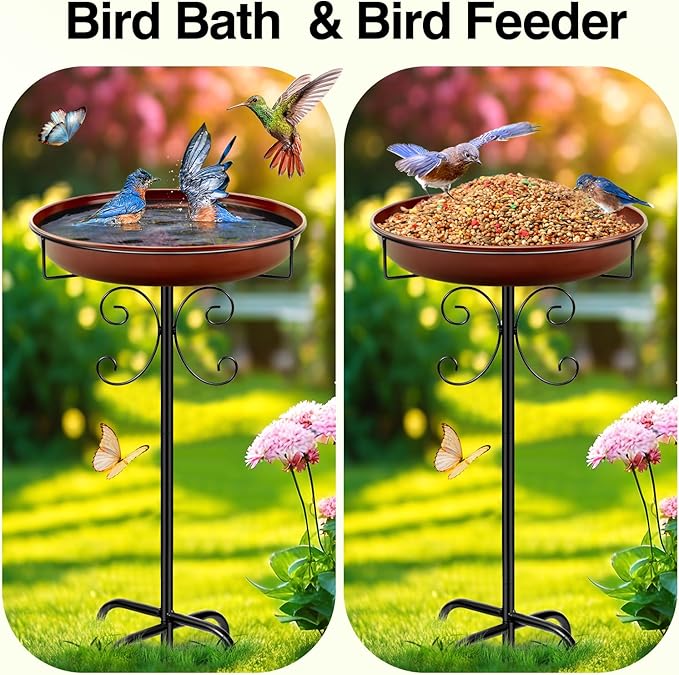 Daoeny Heavy Duty Bird Baths for Outdoors, 35In Outdoor Freestanding Birdbaths & Birdfeeder, Bird Bath Feeder Bowl with Metal Stake Garden Patio Yard Lawn Decor, Upgraded 5-Pronged Base (Brown)-VerdiqueGarden