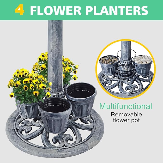 Bird Bath for Outside with 4 Removable Flower Planters 28in Polyresin Lightweight Vintage Birdbath for Outdoors Stake Standing Bowl and Water Feeder Yard Garden Decor Gray-VerdiqueGarden