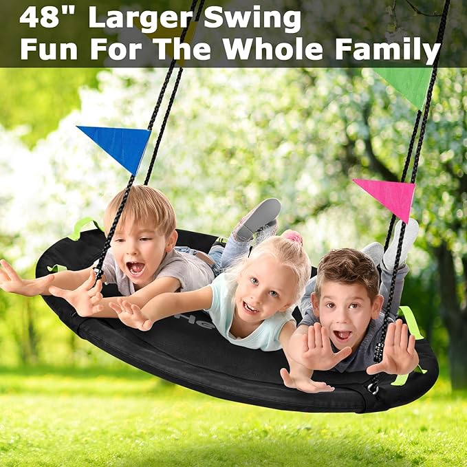 48 inch Tree Swing, Larger Saucer Flying Swing for Whole Family, 900lbs Weight Capacity, with Adjustable Hanging Straps, for Outdoor Backyard, Gifts for Kids, Black-VerdiqueGarden