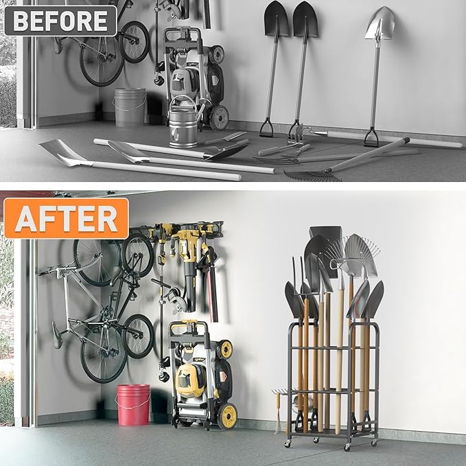 TORACK Garden Tool Organizer Stand with Wheels, Rakes Shovels Yard Tools Stand for Garage, Shed, Garden, Indoor/Outdoor Long-Handled Tools Cart-VerdiqueGarden