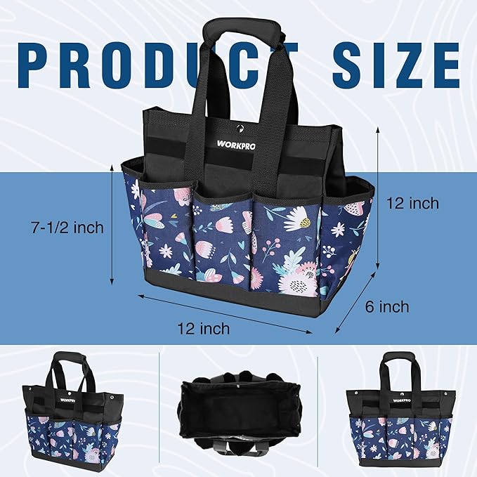 WORKPRO Garden Tool Bag, 9-Pocket Heavy Duty Oxford Tote Bag, Gardening Tool Kit Holder, 12" x 12" x 6" (Blue Insects)-VerdiqueGarden