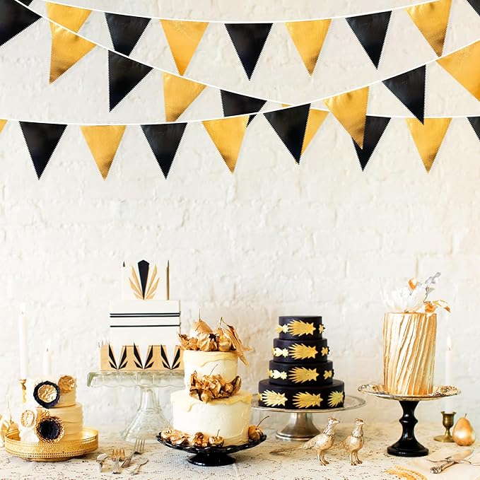 Black and Gold Party Decorations Triangle Pennant Banner Flag Metallic Fabric Bunting Garland for Birthday Graduation Anniversary Wedding Bachelorette Bridal Shower Engagement Hen Party Supplies-VerdiqueGarden