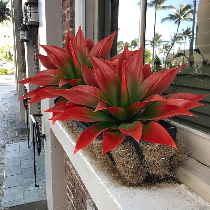 Artificial Agave Plants,Large UV Resistant Fake Agave Planters for Indoor and Outdoor Decorating Tropical Plant Succulents Greenery Indoor Decor (2Pack,18" Red)-VerdiqueGarden
