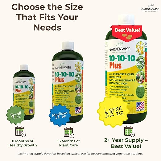 10-10-10 Fertilizer for All Purpose Plants - Liquid Fertilizer with Seaweed Kelp & Iron - Plant Food Outdoor & Indoor Plant Food, Vegetables, Flowers, Lawn & Garden 10 10 10 Fertilizer 32oz-VerdiqueGarden