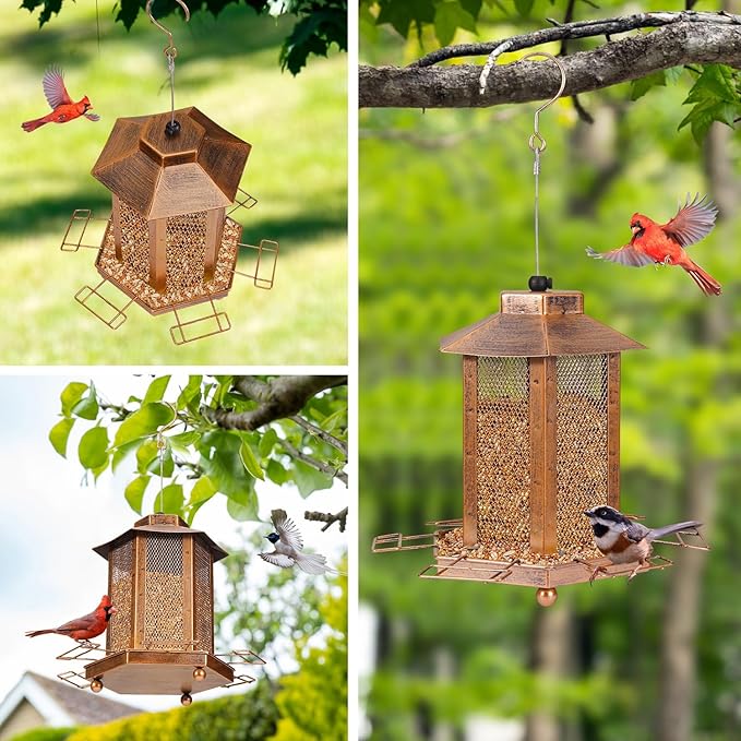 Lantern-Shaped Metal Bird Feeder for Outdoor Hanging, 3.5LB Large Capacity, Garden Decoration - Attracts Wild Birds, Durable Outdoor Bird Feeding Station for Garden Yard Outside Backyard-VerdiqueGarden