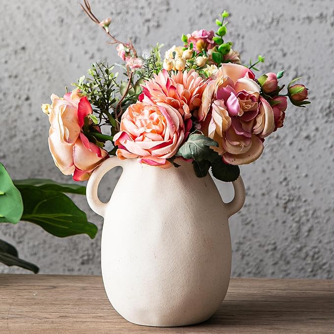 Kimdio White Ceramic Vase with 2 Handles – Sand-Glazed Clay Pottery Vase for Dried Flowers, Rustic Modern Table Decor, Farmhouse Boho Shelf Decoration-VerdiqueGarden