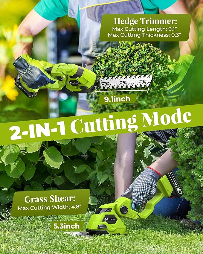 Hedge Trimmer Cordless with Battery, 2-in-1 Electric Handheld Grass Shear Cutter with 2 Pack Rechargeable Battery, Mini Bush Trimmer Kit for Garden Yard Lawn Pruning, Green-VerdiqueGarden