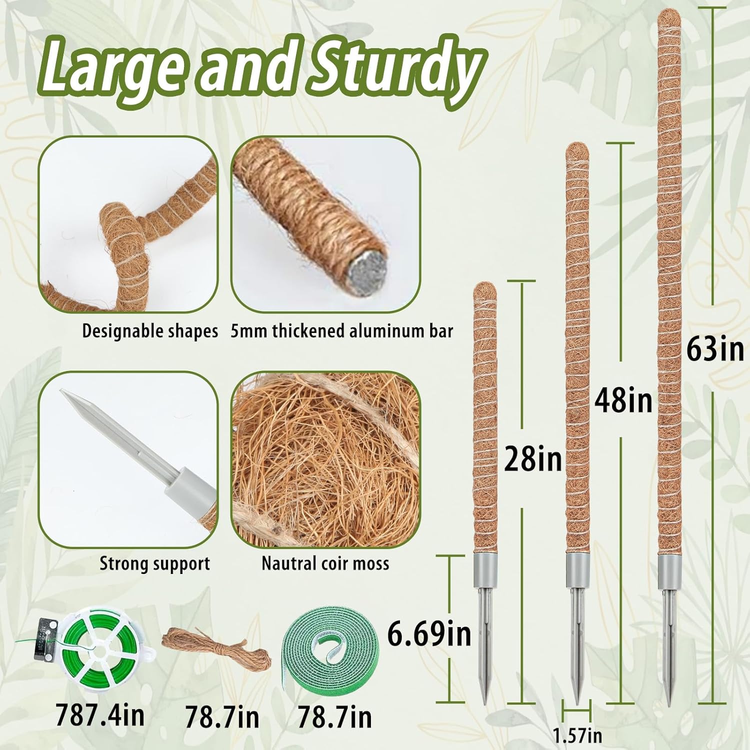 3 Pack Moss Pole, 28" 48" 63" Monstera Plant Support for Climbing Indoor Plants, Bendable Coco Coir Plant Support Stakes for Potted Plants, Pothos, Philodendron-VerdiqueGarden