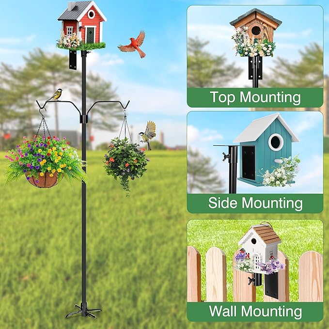 Bird House Pole, 95 Inch Heavy Duty Bird Feeder Pole Mount Kit for Outdoors, Adjustable Bird Feeding Stand, with 2-Hooks, 5-Prong Base for Birds Watching-VerdiqueGarden