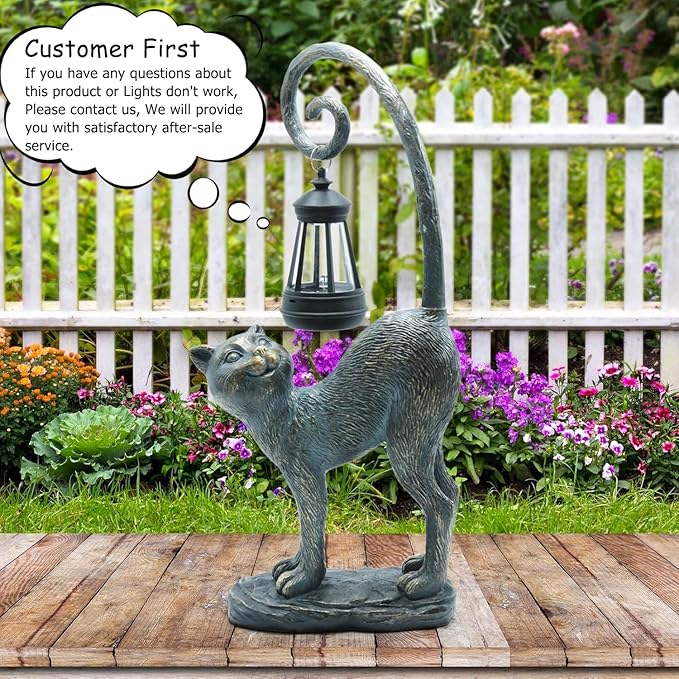 Resin Cat Statue with Solar Lantern, Eye-catching Garden Sculpture Decor，15.3" Height Outdoor Figurine for Garden Yard Patio Decorations，Birthday Gifts-VerdiqueGarden