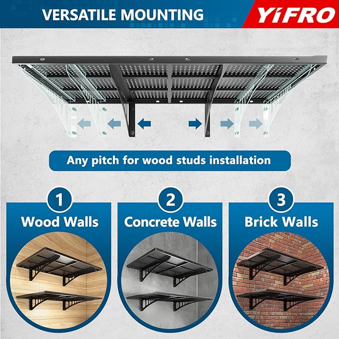 2-Pack 2x3ft Heavy Duty Garage Wall Shelving, 500 lbs Load Capacity, Garage Shelving Wall Mounted, Garage Storage Rack with Hooks, Black-VerdiqueGarden