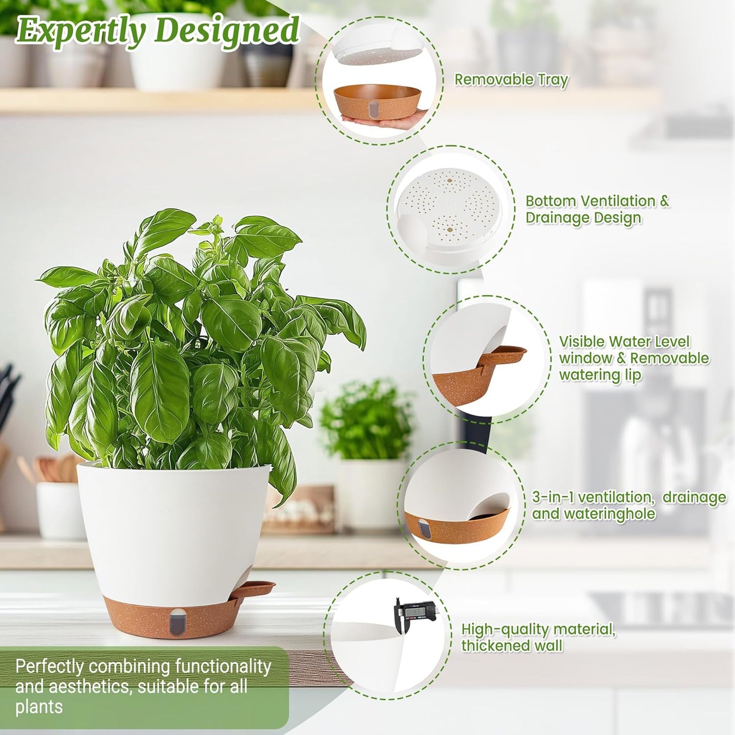 2 Pack 8 Inch Pots for Plants Indoor, Plastic Self Watering Planters with Drainage Holes, Water Level Indicator & Deep Reservoir, Decorative Flower Pots Indoor Outdoor Use (White-VerdiqueGarden