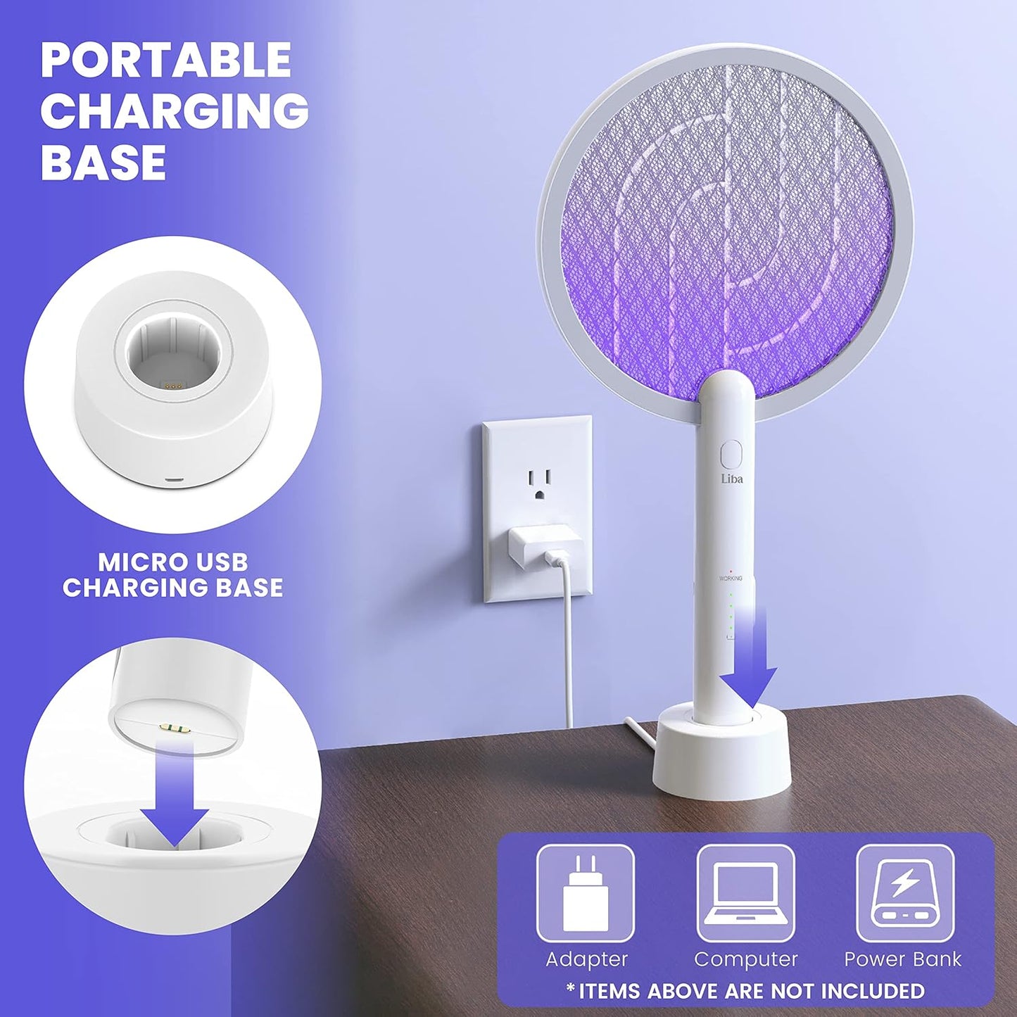LiBa Electric Fly Swatter Racket, 2 in 1 Electric Bug Zapper USB Rechargeable, 4000V Indoor Outdoor Mosquitoes Zapper with 5 Layer Safety Mesh, Cordless Insect Killer Trap Home Office Camping Patio-VerdiqueGarden