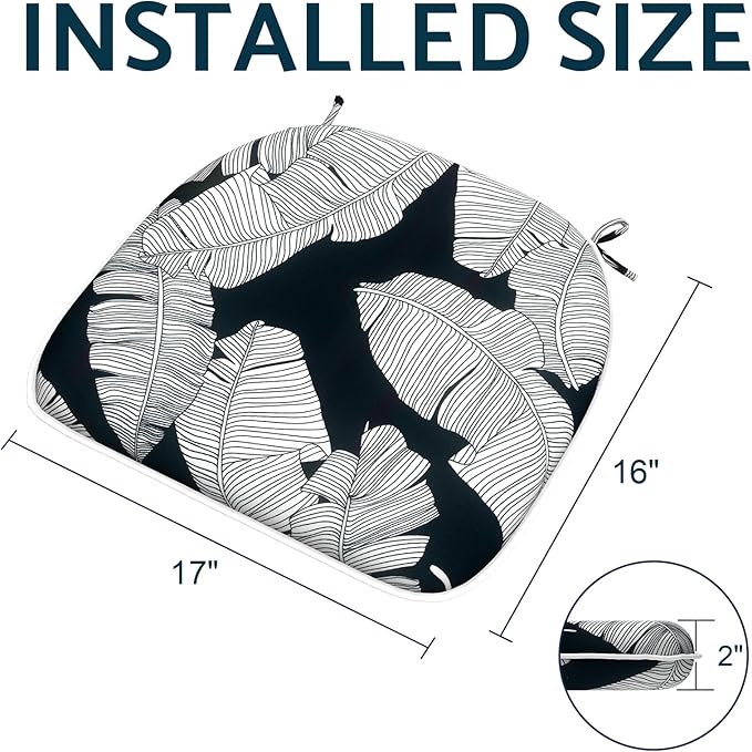 Indoor/Outdoor Chair Cushions 16x17 Inch, Patio Chair Cushions with Ties, All Weather Seat Cushions for Patio Furniture Home Garden Chair Use, Set of 4, Black Lush Leaves-VerdiqueGarden