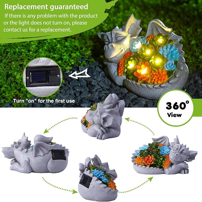 Solar Dragon Statue with Succulent Lights - Dragon Garden Sculptures & Statues，Garden Decor for Outdoor Yard Art Ornaments 9.1inch (Gray)-VerdiqueGarden