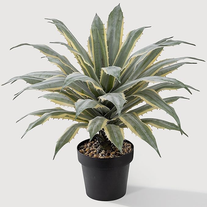 SUNPRAIRIE 32 Inch Tall Large Faux Agave Plant with Two-Tone Sawtooth Edged Leaves; Planted in Black Pot with Real Stone Pebbles. Large Artificial Plants Indoor and Outdoor.-VerdiqueGarden