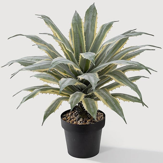 SUNPRAIRIE 32 Inch Tall Large Faux Agave Plant with Two-Tone Sawtooth Edged Leaves; Planted in Black Pot with Real Stone Pebbles. Large Artificial Plants Indoor and Outdoor.-VerdiqueGarden