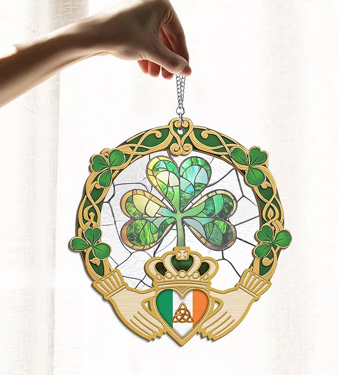 Irish Gifts, Shamrock Decorations - St Patricks Day Decor, Birthday, Christmas, Good Luck, Irish Gifts for Women Men, Claddagh, Celtic Home Decor - Window Suncatcher Hanging Decorations 12 in-VerdiqueGarden