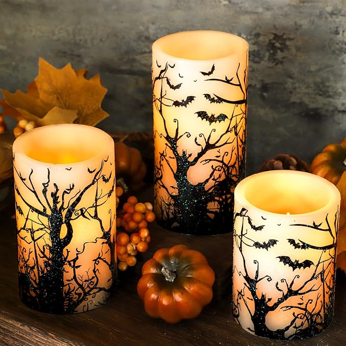 Halloween Decor Flameless Candles Set of 3 Black Spooky Bats Decal Flickering Candles Battery Operated with Remote Real Wax LED Pillar Candles for Halloween Party Horrible Theme Decor-VerdiqueGarden