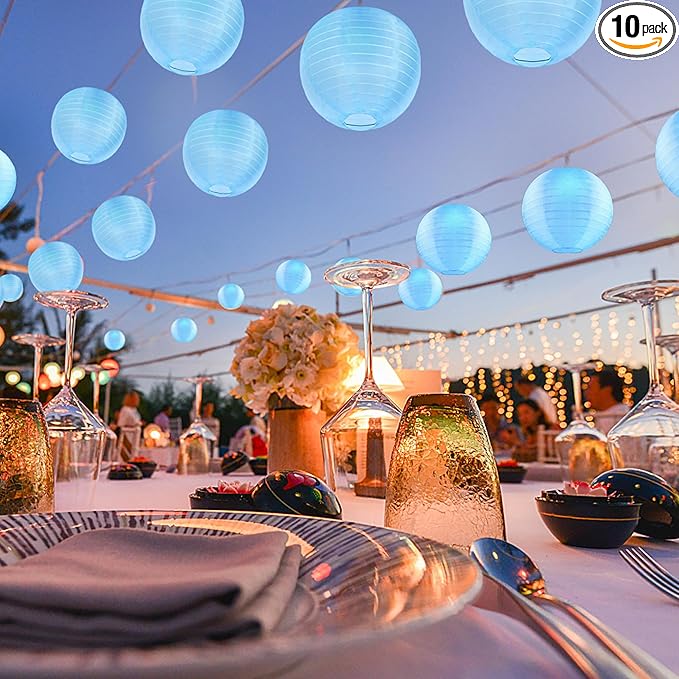 10 Pack Outdoor Silk Lanterns Decorative, 10inch Waterprooof Outside Indoor Chinese Hanging Round Lanterns for Weddings, Birthdays, Parties Decoration(Blue)-VerdiqueGarden