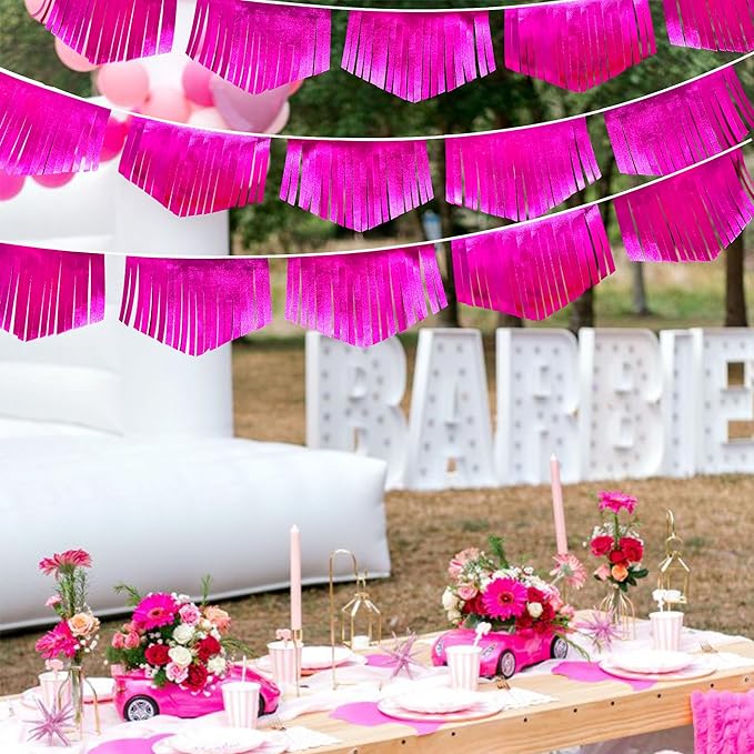 Hot pink Tassel Banner Double Sided Metallic Fabric Pennant Bunting Flag Garland for Birthday Bachelorette Anniversary Engagement Wedding Bridal Shower Graduation Pink Girl Party Decorations Supplies-VerdiqueGarden