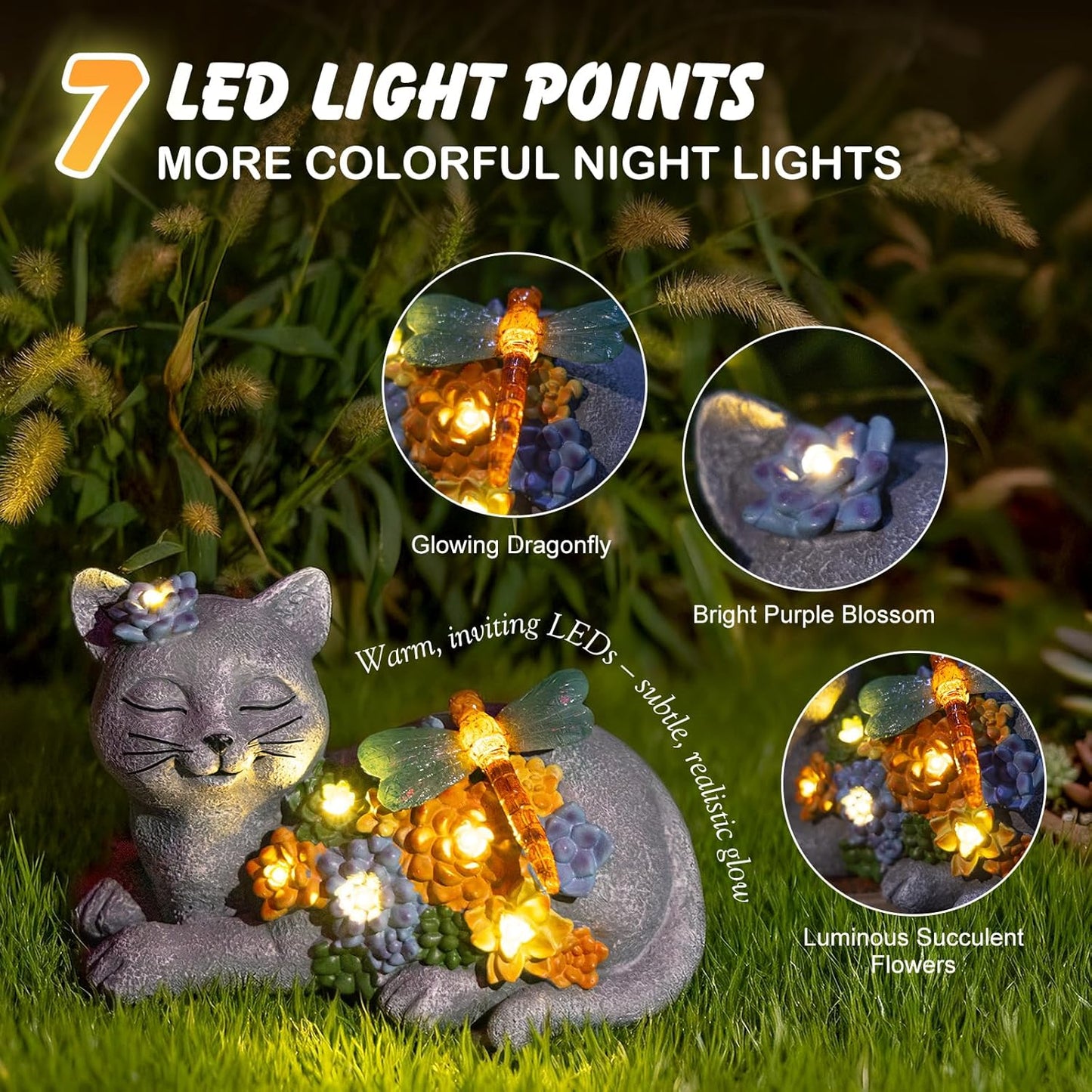 Solar Cat Garden Statue - Lying Outdoor Figurine with Dragonfly & Flower LEDs, Upgraded 2.0 Solar, Auto On/Off, IP65 Waterproof Hand-Painted Resin, Garden Decor, Gift for Cat Lovers, Mom, Grandma-VerdiqueGarden