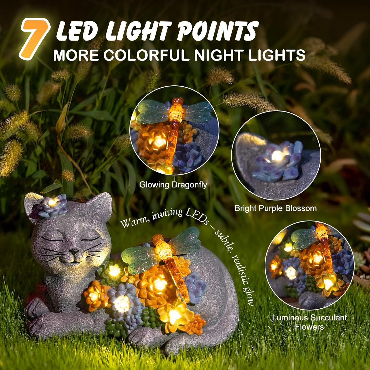 Solar Cat Garden Statue - Lying Outdoor Figurine with Dragonfly & Flower LEDs, Upgraded 2.0 Solar, Auto On/Off, IP65 Waterproof Hand-Painted Resin, Garden Decor, Gift for Cat Lovers, Mom, Grandma-VerdiqueGarden