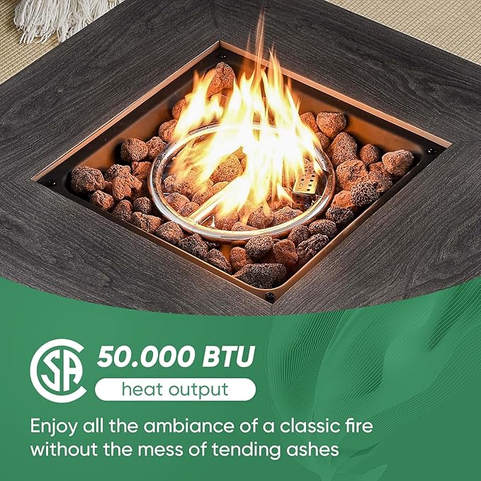 Outdoor Patio Furniture Set with 50000BTU Propane Fire Pit Table, 4 Pieces Wicker Patio Conversation Set with 2 Swivel Rocker Glider Chairs Rattan Sofa Blue Cushion Perfect for Gathering-VerdiqueGarden