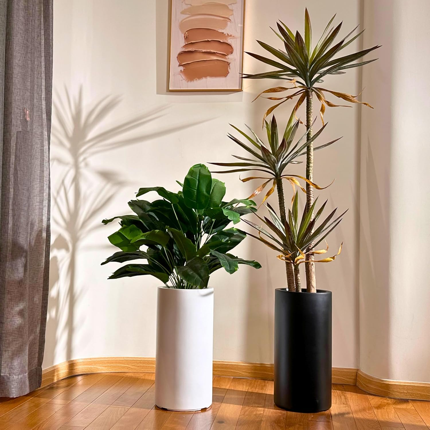 19.5"H x 9.8"D Tubo Fiberstone Cylinder Tall Planter with Drainage Hole, Smooth Finishes, Weather Resistant for Indoor and Outdoor Use, Included 2 Extra Coco Mats (White, 8.2" Pot Opening)-VerdiqueGarden