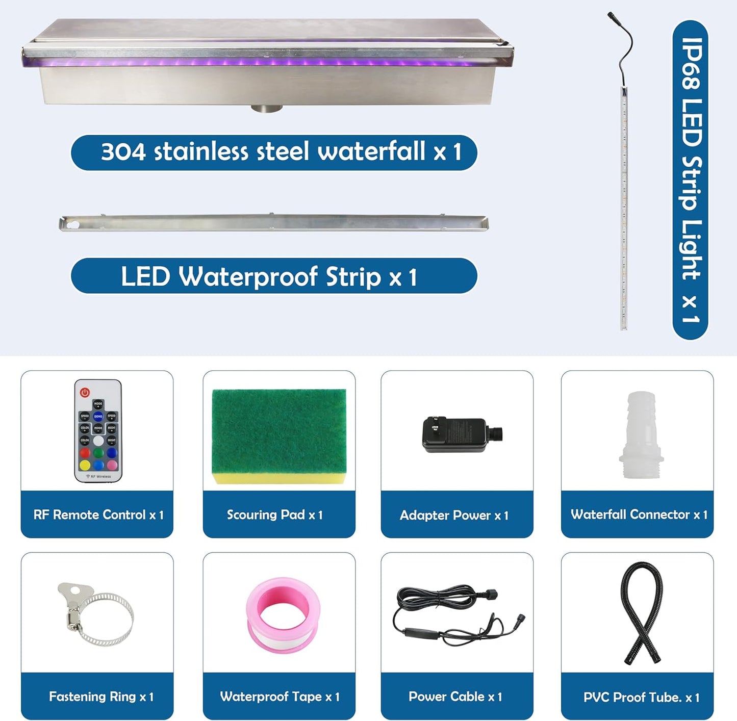 19.6 Inch Pool Waterfall Spillway, Stainless Steel Pond Waterfalls with Multi Color-LED Light Outdoor Pool Fountain, Water Flow Fountains Kit for Garden Patio & Rockery Decoration-VerdiqueGarden