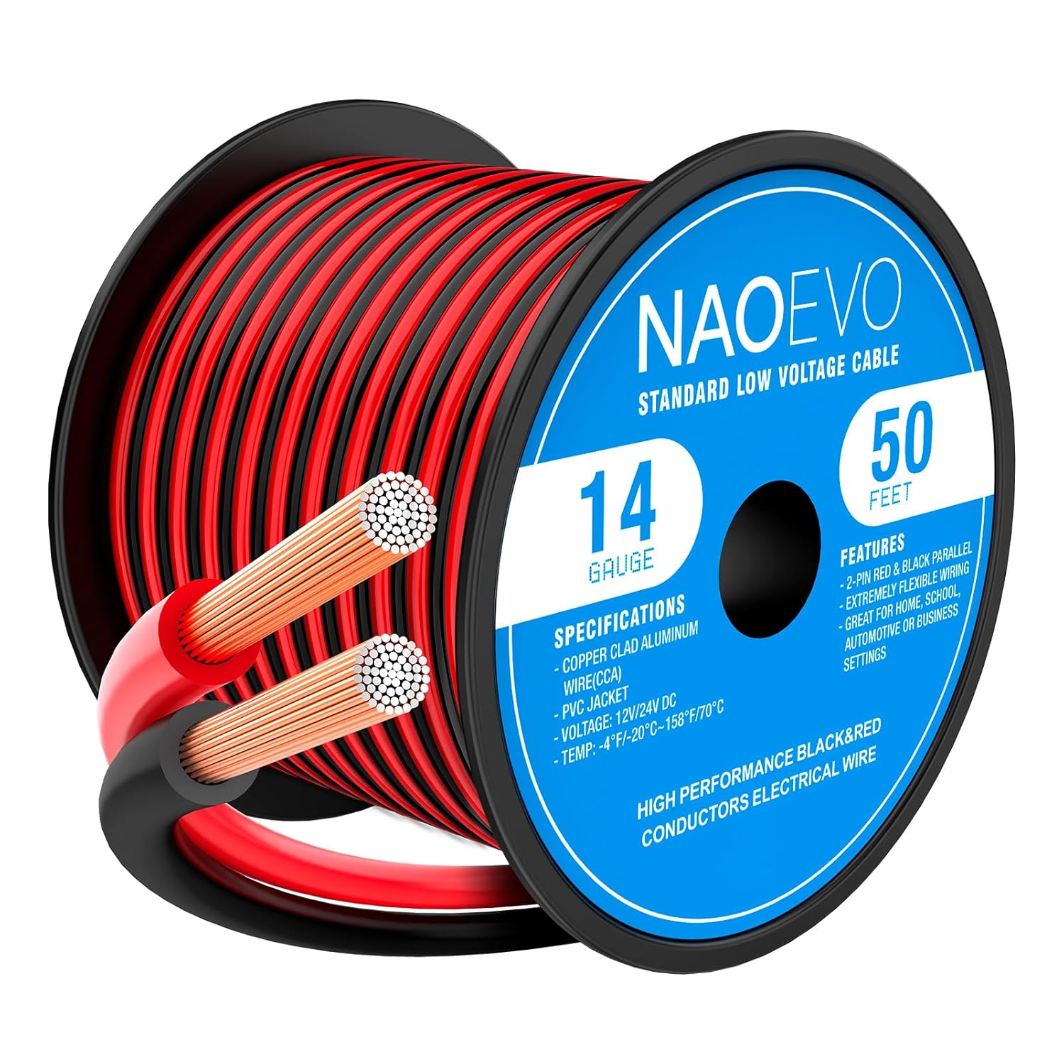 NAOEVO 14 Gauge Wire 50FT, 2 Conductors Electrical Wire Red Black Cable, Flexible/Low Voltage/PVC 14 AWG Copper Clad Aluminum Extension Cord for Speaker, LED Strips, Automotive 12V/24V DC-VerdiqueGarden