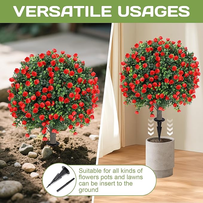 Artificial Red Rose Topiary Ball Tree 25" with Ground Spike, Set of 2 Artificial Boxwood Bushes for Faux Shrubs, Fake Evergreen Faux Plant for Indoor Outdoor Porch Garden -UV Resistant–Fade-Proof-VerdiqueGarden