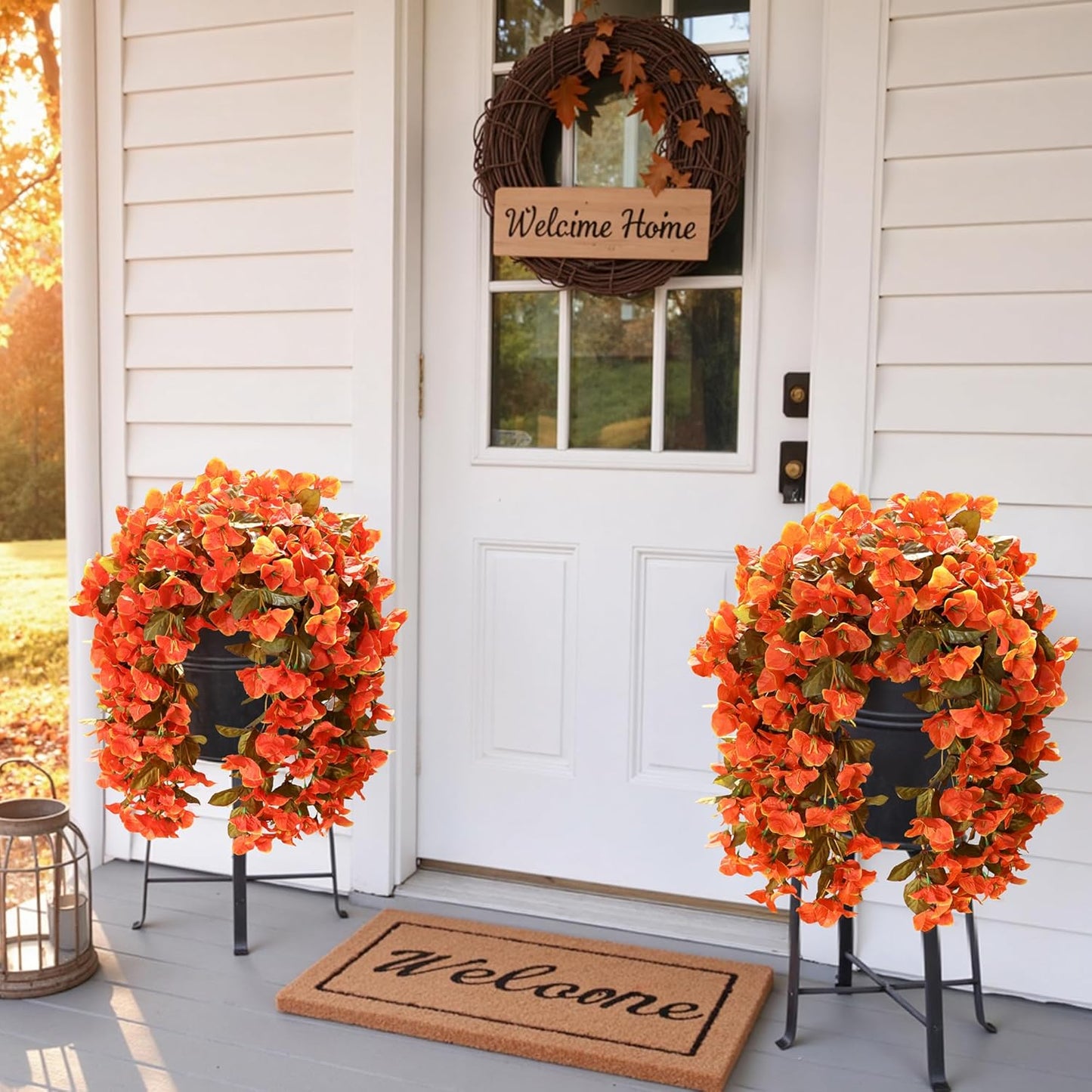 Bougainvillea Artificial Fall Hanging Flowers Plants for Outdoors Autumn Decoration, 2pcs Faux Bougainvillea Vines Orange Fake Flowers Realistic UV Resistant Silk Flowers for Outside Planter Yard Home-VerdiqueGarden