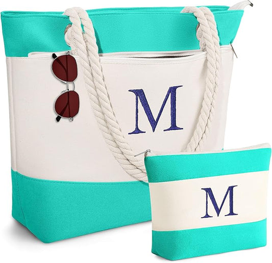 YOOLIFE Beach Bags for Women - Initial Tote Waterproof Bag with Makeup Bag, Mothers Day Gifts for Women Mom Friend Birthday-VerdiqueGarden