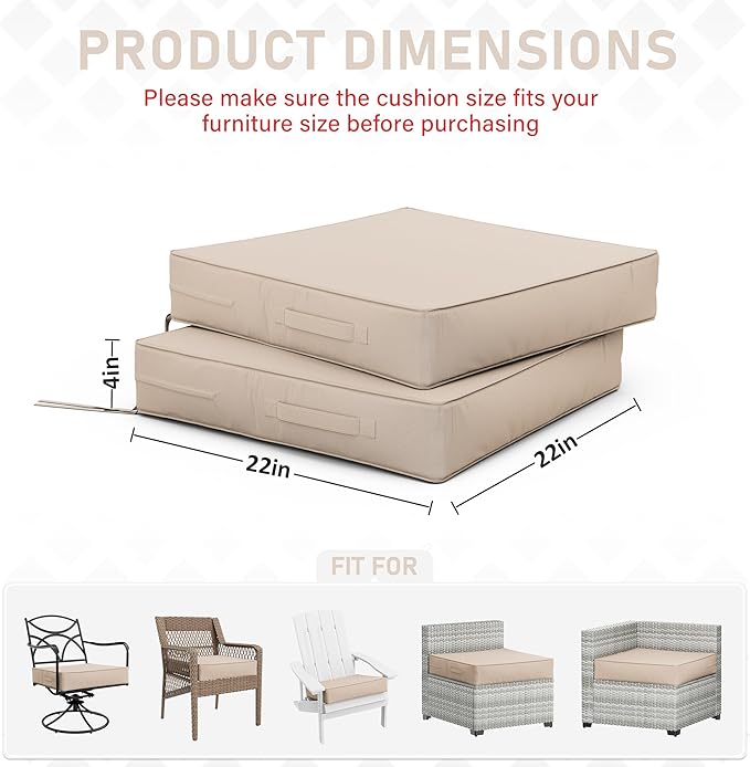 Patio Chair Cushions 22 X 22 X 4 Inch Waterproof Outdoor Seat Cushions for Patio Furniture, Outdoor Sofa Couch Pads with Ties & Handle, Set of 2, Sand-VerdiqueGarden