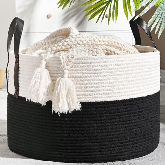 KAKAMAY Large Blanket Basket (20"x13"),Woven Baskets for storage Baby Laundry Hamper, Cotton Rope Blanket Basket for Living Room, Laundry, Nursery, Pillows, Baby Toy chest (White/Black)-VerdiqueGarden