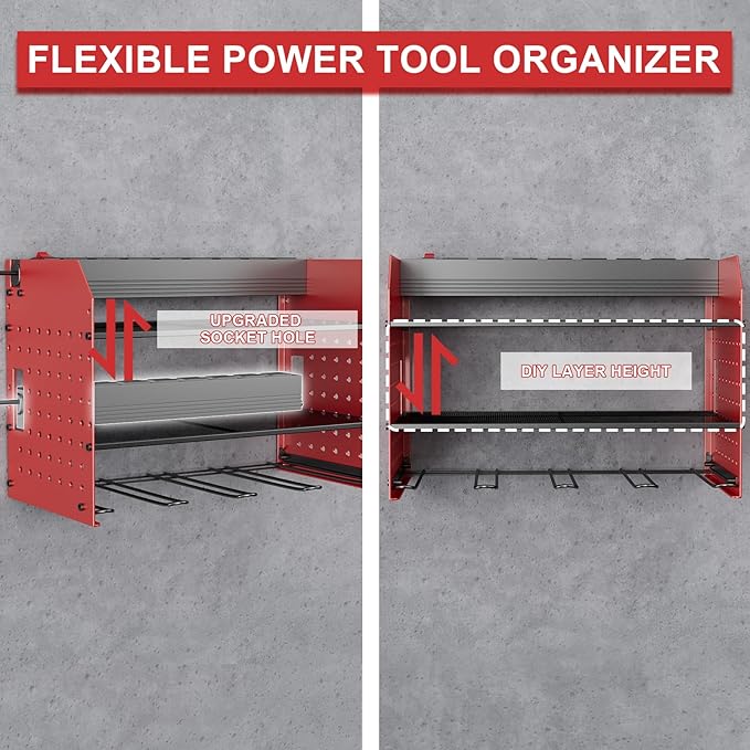 Power Tool Organizer with Charging Station, 6 Drill Holder Wall Mount, 3 Layer Garage Tool Organizer with Hooks, Screwdriver, Drill Bit Rack, Heavy Duty Utility Shelf for Garage, Gifts for Men-VerdiqueGarden