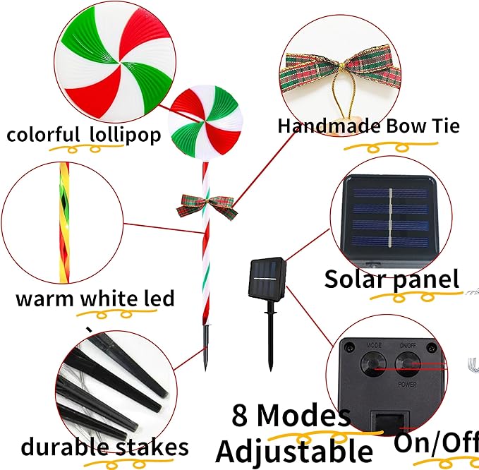 10 Packs Christmas Pathway Lollipop Lights with Bow Tie Solar Powered Outdoor Waterproof Xmas Candy Cane Path Landscape Decorative Stake Lights 2 Solar Panel + 10 Lights-VerdiqueGarden