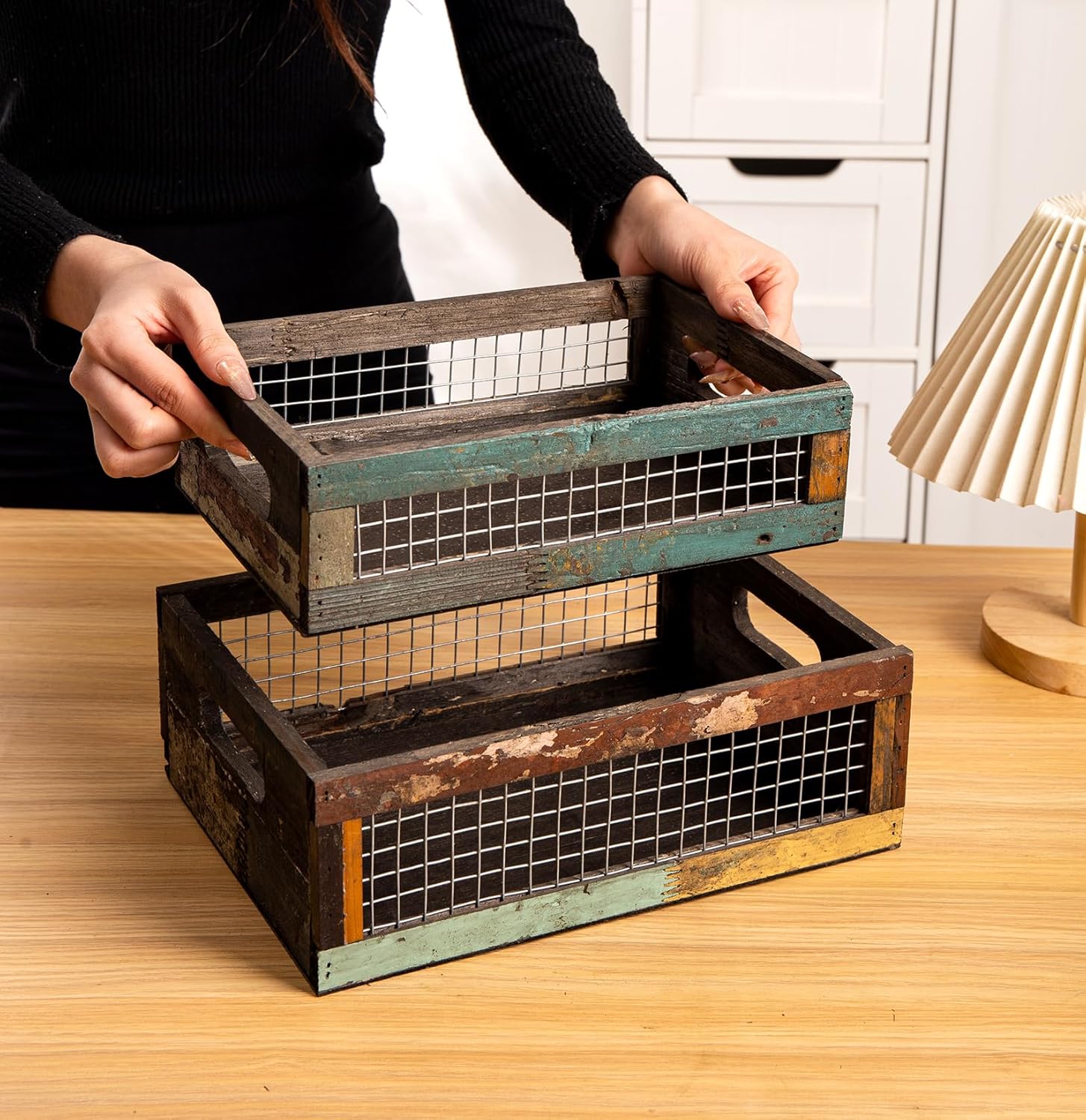 TIMRIS Set of 2 Rustic Wooden Countertop Baskets, Farmhouse Distressed Nesting Boxes, Small Decorative Wooden Storage Crates, Reclaimed Wood Organizer Baskets with Wire Mesh (Random)-VerdiqueGarden