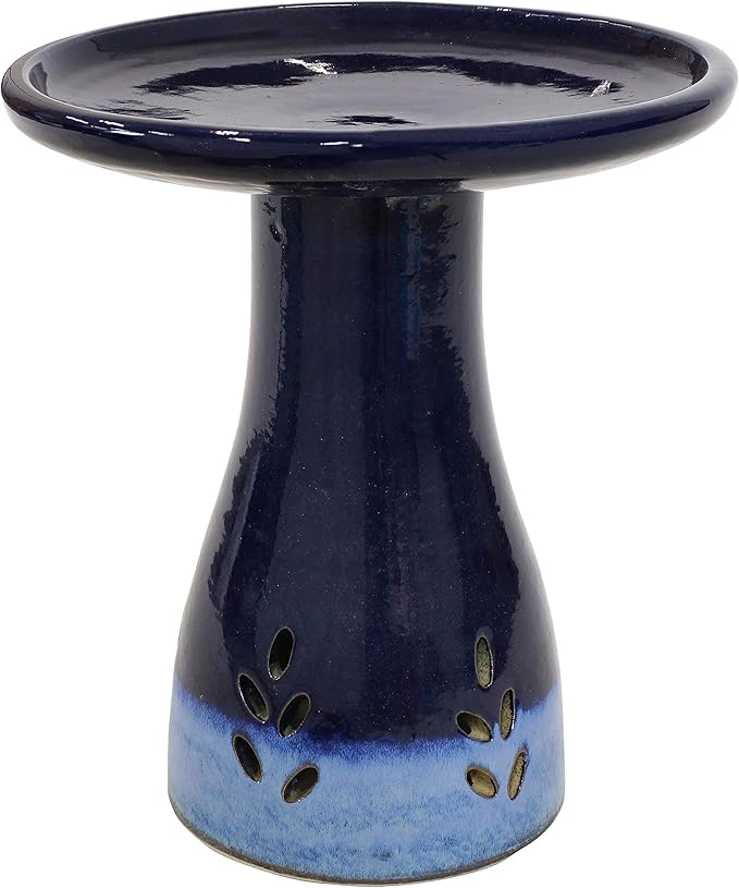 Sunnydaze 21" H Ceramic Bird Bath for Outside - Hand-Painted Outdoor Bird Bath Bowl, UV/Frost-Resistant Finish - Dark Blue - Cut Out Pedestal-VerdiqueGarden