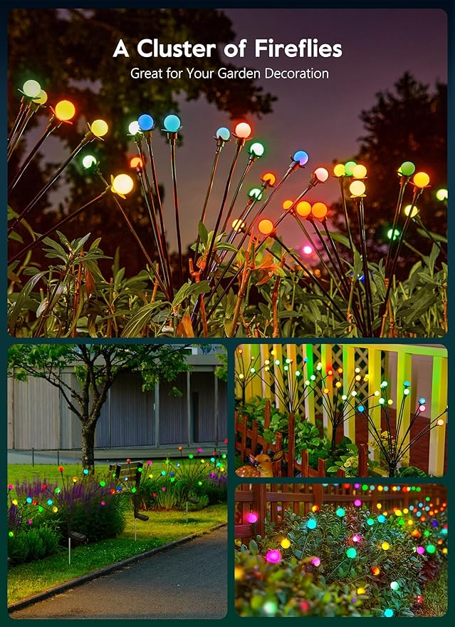 Brightown Solar Garden Lights Outdoor- 4 Pack 48 LED Solar Firefly Lights with 7 Colors Changing, Sway by Wind, Waterproof Solar Outdoor Lights, Solar Lights for Outside Yard Walkway-VerdiqueGarden