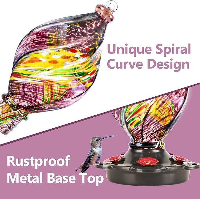 LUJII Ice Cream Shaped Spiral Hummingbird Feeder for Outdoors Hanging, Hand Blown Glass, 28 fl.oz, Leak Proof & Rustproof, Includes an Ant Moat with Hook, Unique & Stylish Glass Art & Decor (Purple)-VerdiqueGarden