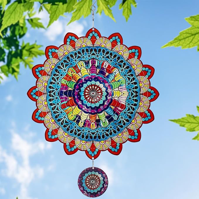 TUOKING Mandala Wind Spinners Outdoor Metal 3D Hanging Art Wind Spinner 12 Inch Stainless Steel for Yard and Garden Decoration Worth Gift for Women-VerdiqueGarden