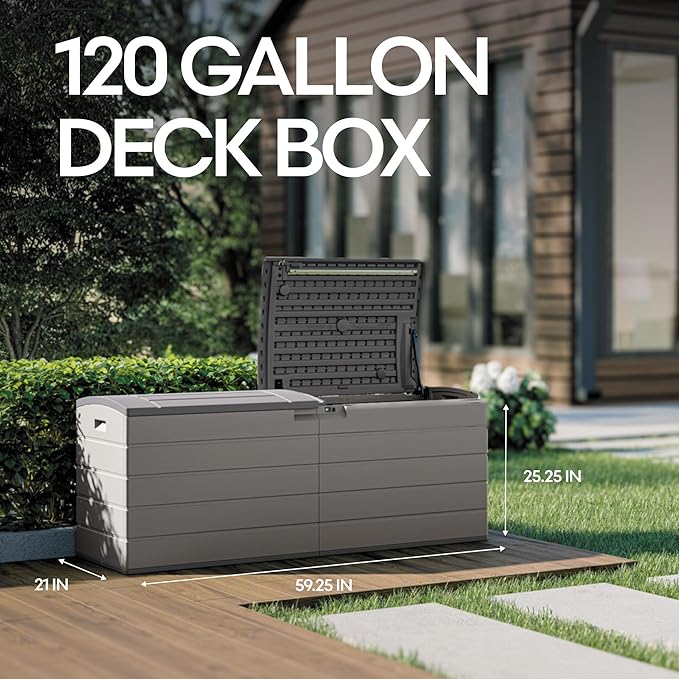 Suncast 120-Gal. All-Weather Patio Deck Box with Pad-Lockable Split Top Lid, Extra-Large Outdoor Storage Unit for Patio Furniture and Grill Tools, Made in the USA-VerdiqueGarden