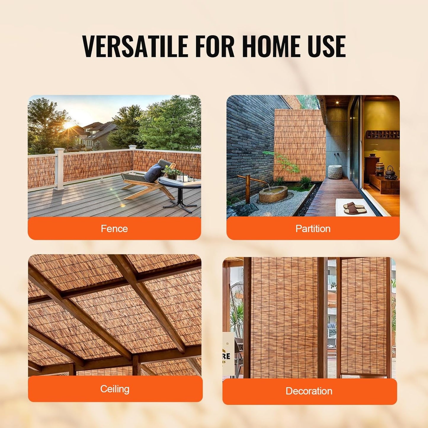 VEVOR Natural Reed Fencing, 3.3 ft x 13.3 ft, Reed Screen Curtain Balcony Reed Fence Roll for Outdoor Backyard Patio, Decorative Fence for Backyard Garden Fencing Divider, Privacy Screen Panel, Brown-VerdiqueGarden