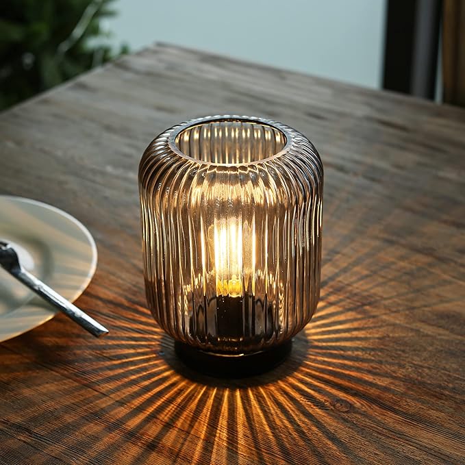Battery Operated Lamp, Cordless Table Lamps Battery Powered Bedside Small Lamp with LED Bulb, Decorative Glass Lamp for Bedroom Living Room Home Decor-Light Grey-VerdiqueGarden