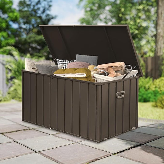 Domi Deck Box 190 Gallon, Waterproof Lockable Steel Outdoor Storage Container for Outside Cushions, Garden Tools and Pools Equipment, Brown-VerdiqueGarden